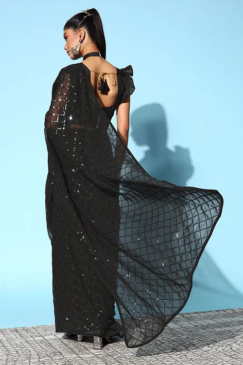 Stylish Sequence Embroidery Black Georgette Saree