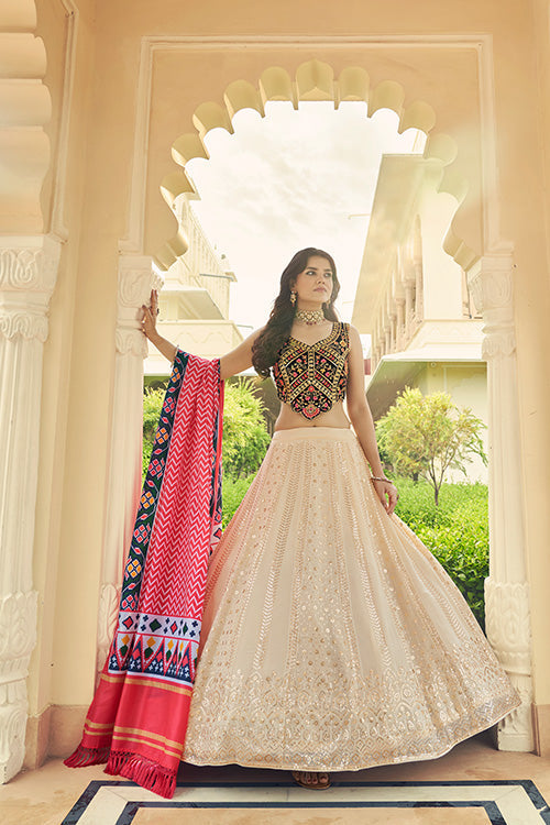 Beige Georgette Sequins Embroidered Lehenga Choli