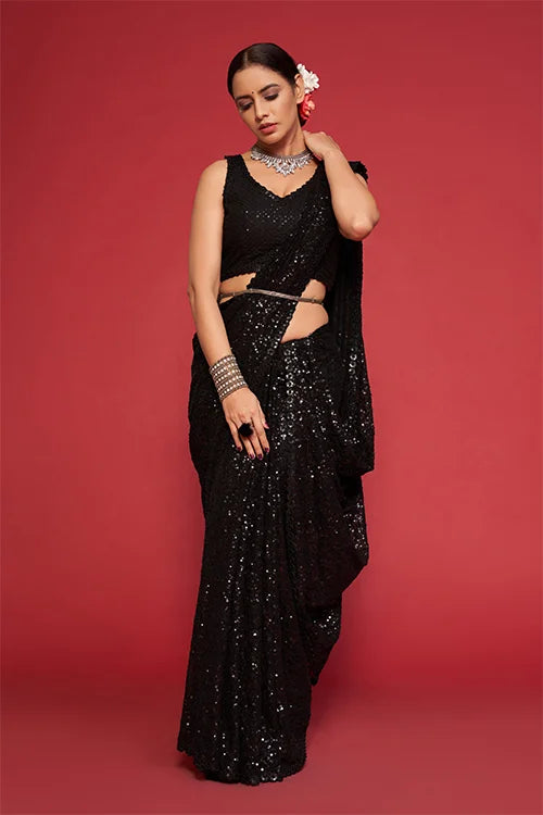 Bollywood Designer Black Georgette Silk Saree Online