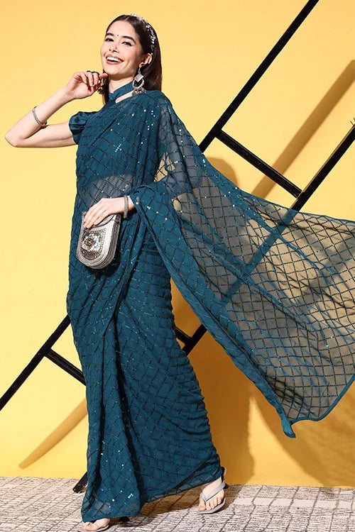 Stylish Petrol Georgette Saree for Weddings