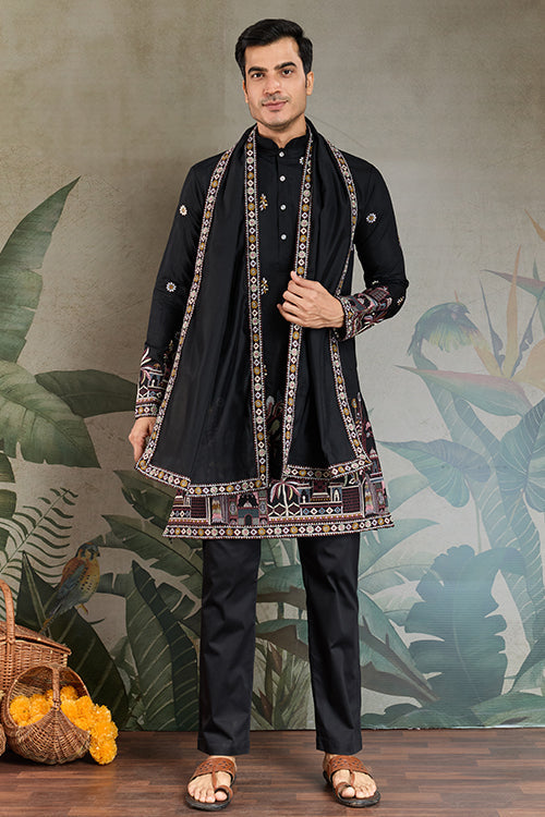 Traditional Black Color Embroidered Kurta Pajama Set For Men