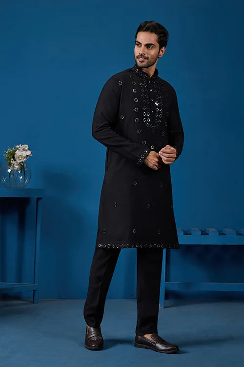 Classy Black Mirror Kurta Pant Wedding Outfit for Mens