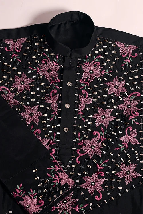 Black Mirror Work with Embroidered Kurta Set for Men