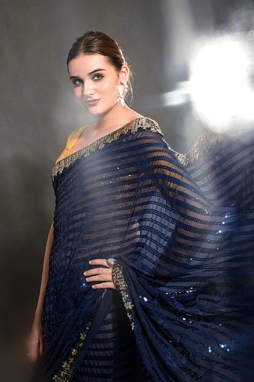 Beautiful Blue Georgette Saree with Embroidery Lace Border