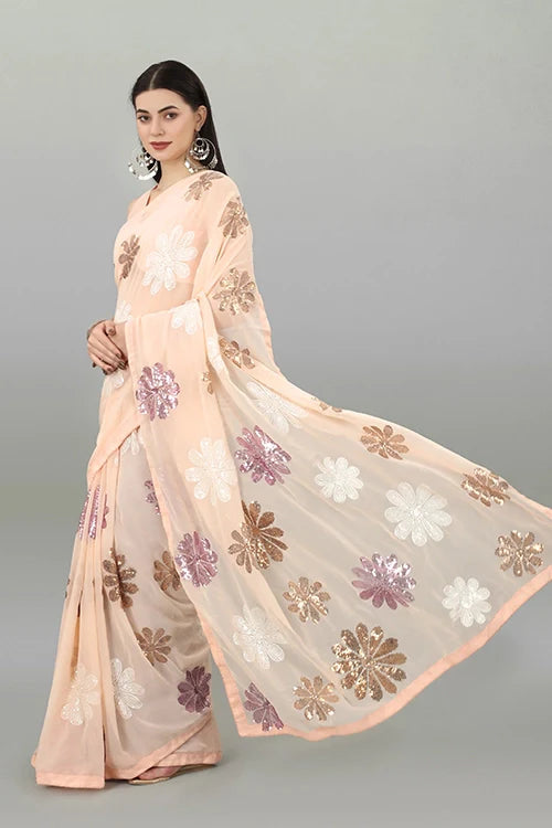 Designer Cream Georgette Saree with Intricate Embroidery
