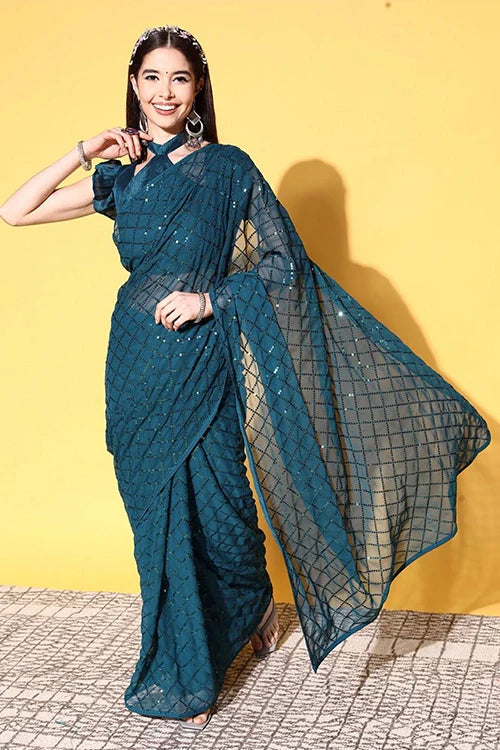 Stylish Petrol Georgette Saree for Weddings