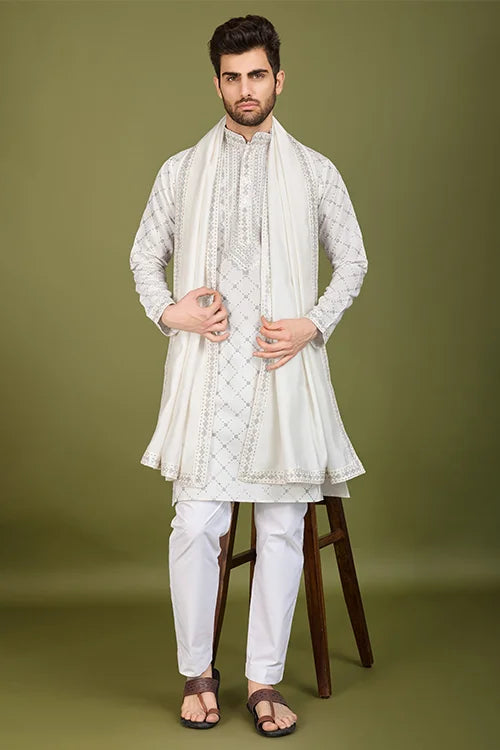 White Viscose Silk Kurta Elegant Festive Wear