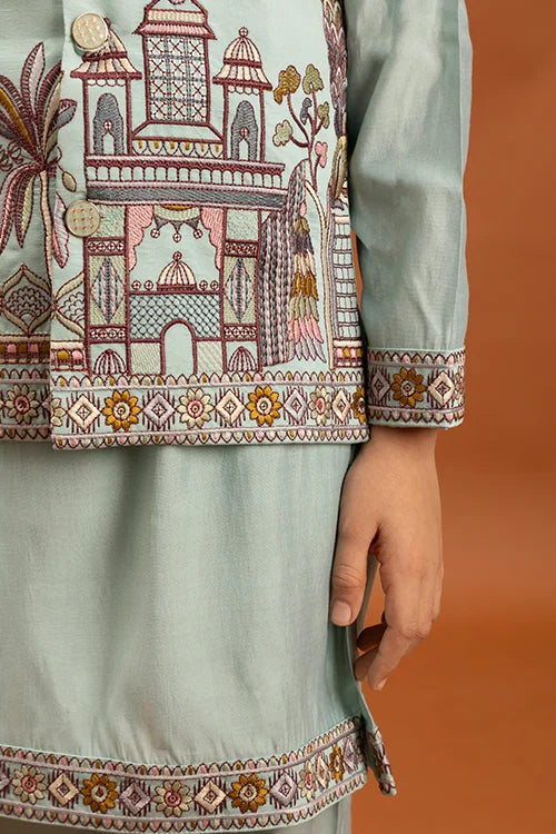 Wedding Sky Blue Koti Kurta Set for Kids 6-12 Yrs