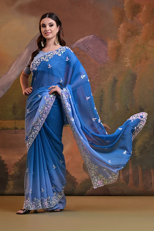 Designer C Pallu Embroidery Saree Online in Blue