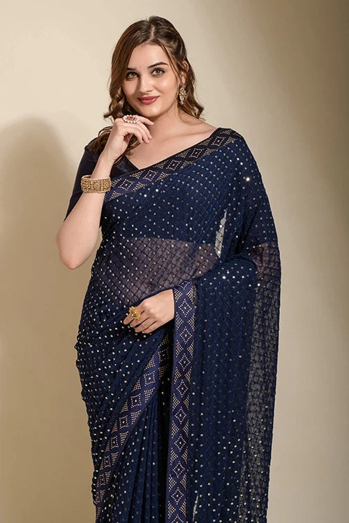 Designer Chokdi Embroidery Georgette Saree in Blue