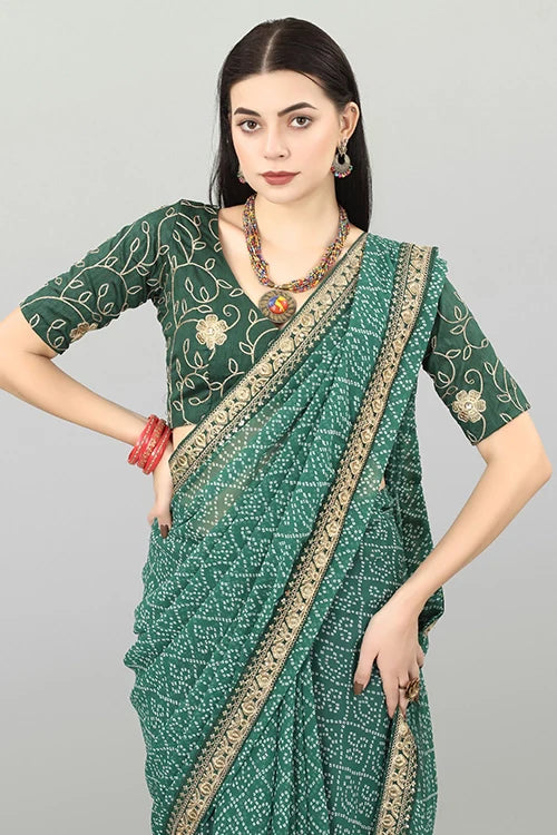 Green Bandhani Georgette Saree with Embroidered Blouse Piece