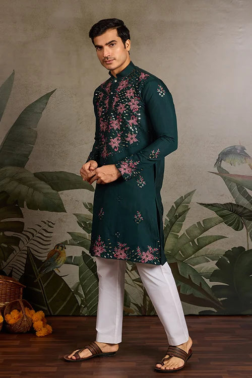 Party Look Green Mirror Embroidered Kurta Set for Men