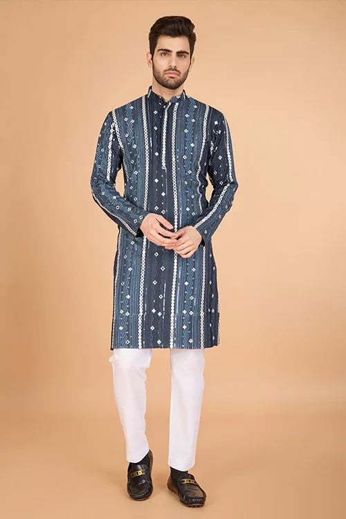 Grey Sequence with Mirror Foil Embroidered Mens Wear Kurta