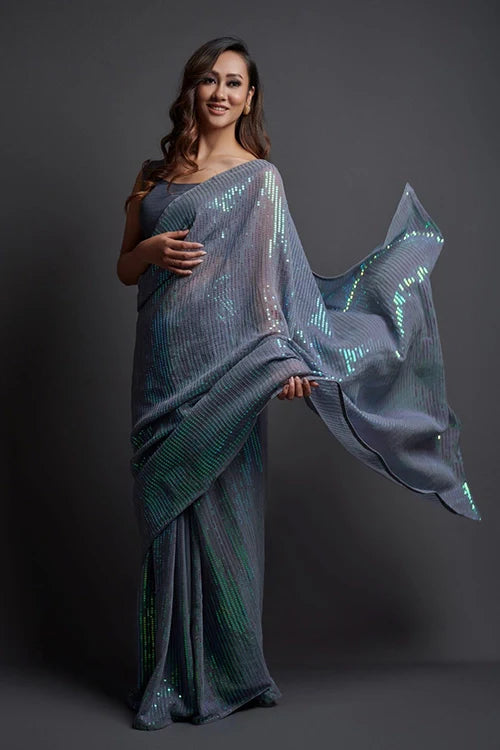 Bollywood Designer Grey Georgette Silk Saree Online