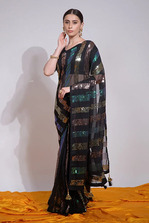 Black Heavy Georgette Saree with Sequins Work