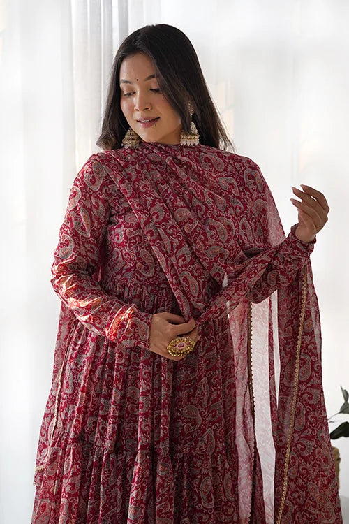 Fox Gerogette Kalamkari Printed Flair Anarkali with Dupatta Set