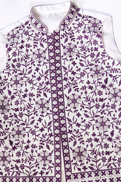 Classic White Mens Kurta Pajama With Stylish Purple Koti