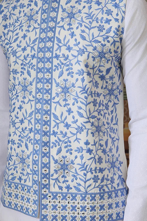 Traditional White Kurta Blue Koti Pajama for Men