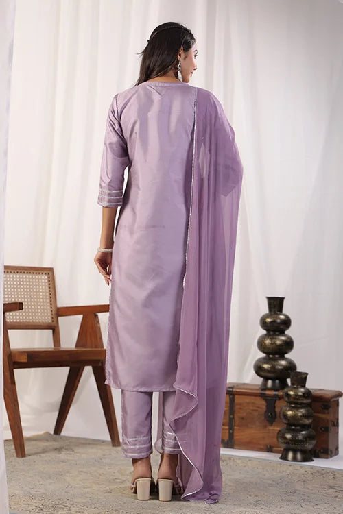Lavender Viscose Chanderi Kurti Set with Organza Dupatta