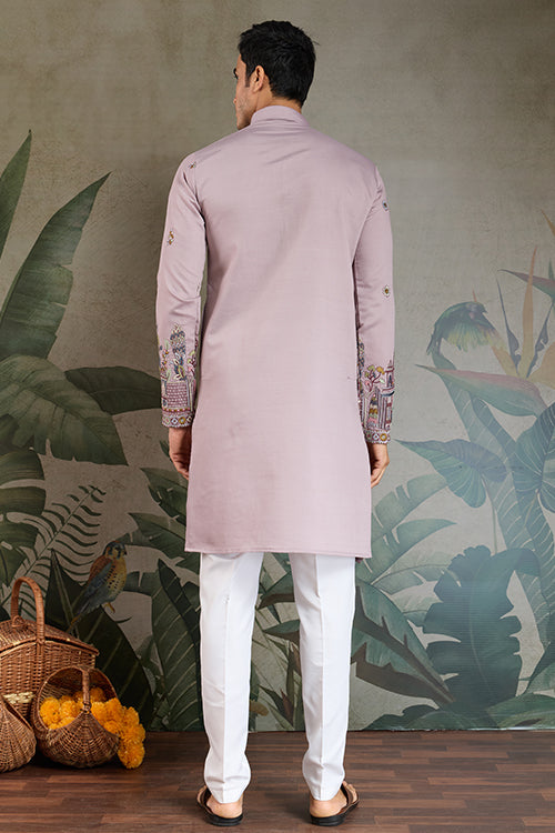 Premium Dusty Pink Color Embroidered Kurta With Pajama Set For Men