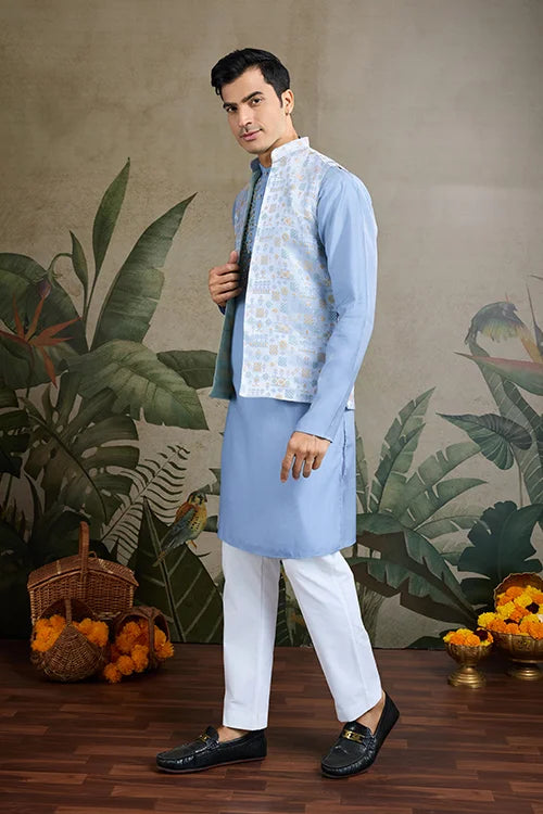 Festive Wear Blue Silk Kurta with Jacquard Koti