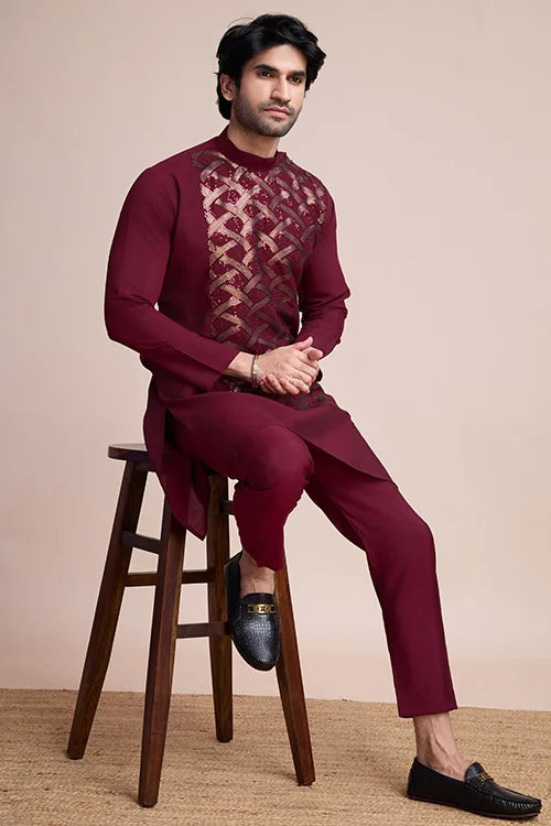Designer Maroon Men's Silk Kurta For Special Events