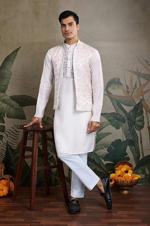 Off-White Roman Silk Kurta with Jacquard Open Koti Set