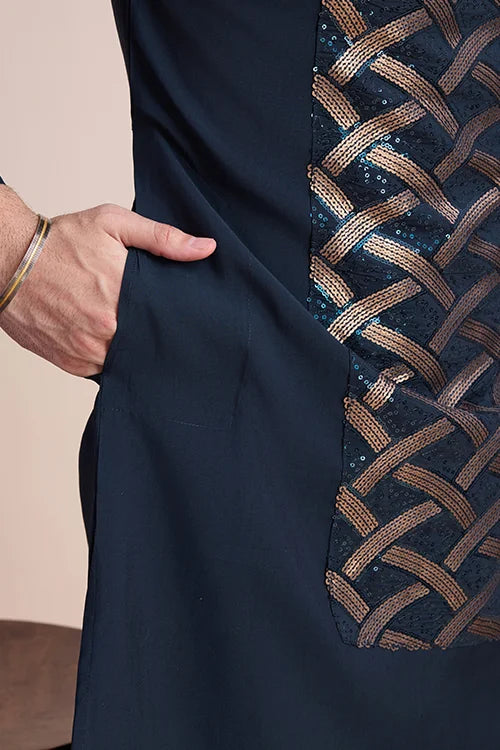 Traditional Embroidered Navy Silk Kurta For Men