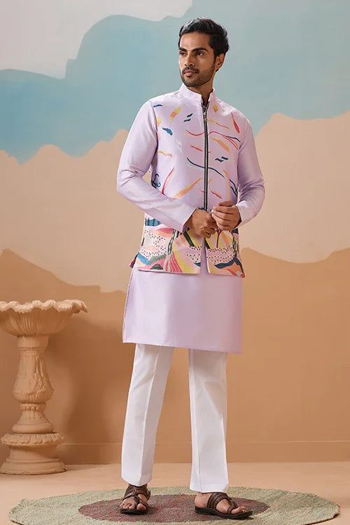 Lavender Wedding Carnival Koti Kurta Set for Mens