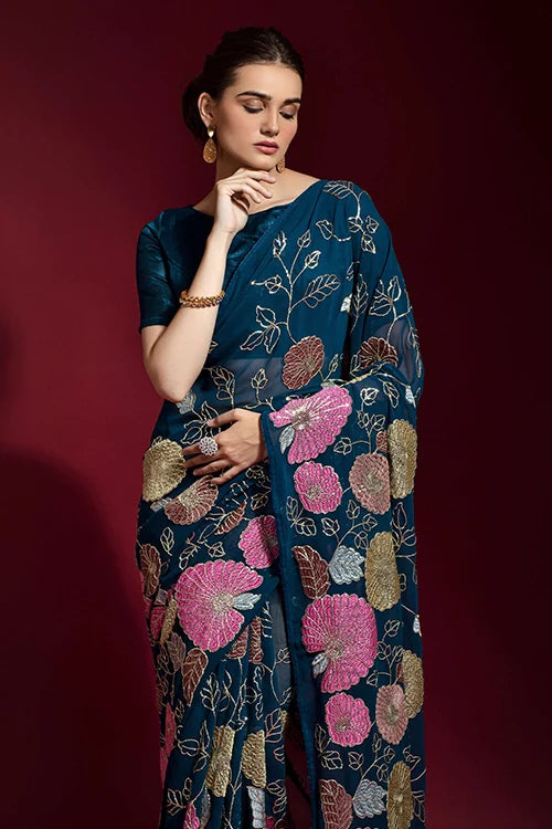 Bollywood Designer Petrol Saree with Embroidery Work