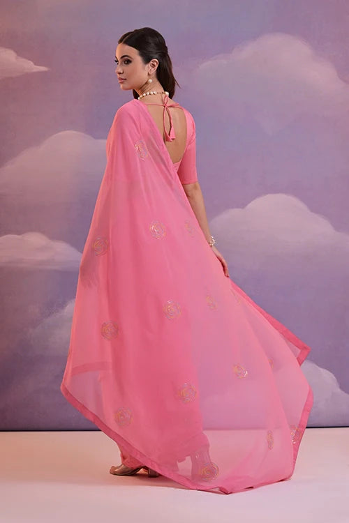 Stylish Pink Designer Saree with Sequins & Lace Work