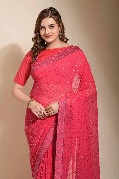 Stylish Pink Georgette Saree with Swarovski Work