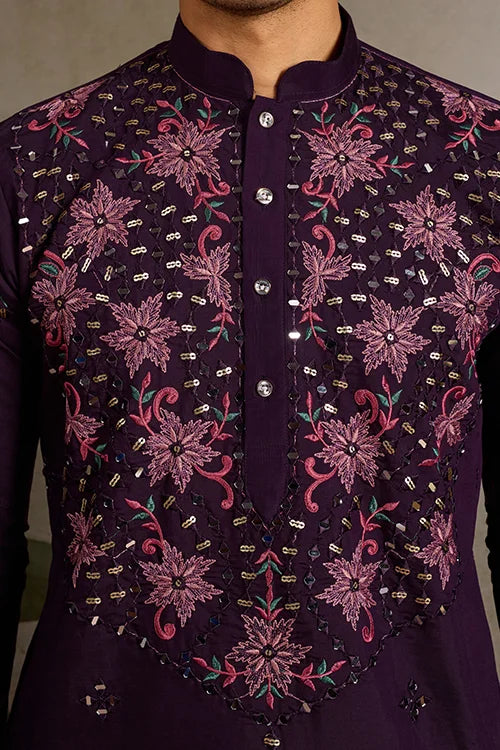 Designer Purple Mirror Work Kurta Set for Mens Wear