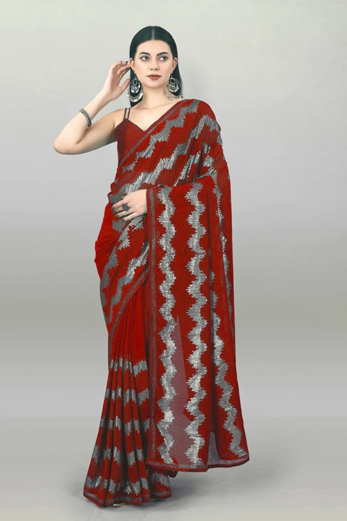 Designer Red Saree with Box Piping & Embroidery Work