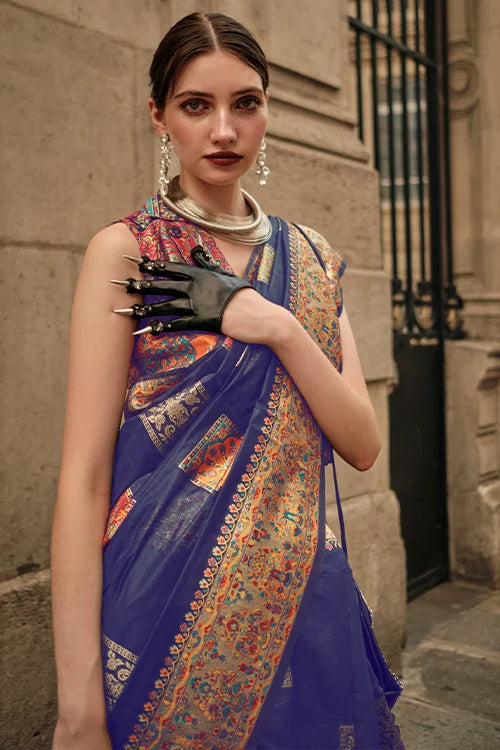 Elegant Kashmiri Zari Weaving Satin Silk Saree