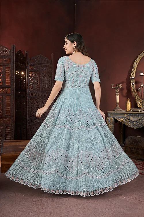 Sky Color Thread Embroidery With Zarkan And Mirror Work Gown