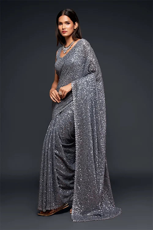 Fabulous Slate Grey Sequined Georgette Party Wear Saree