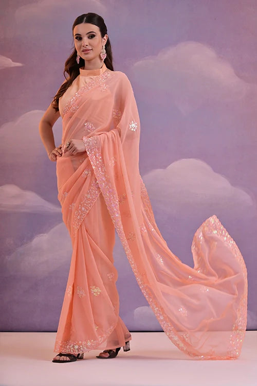 Stylish Fanta Georgette Embroidered Saree with Blouse