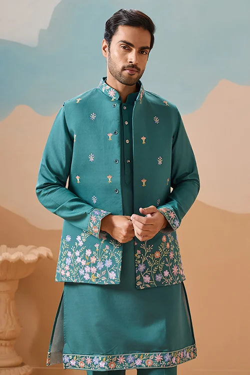 Wedding Party Outfit Rama Green Kurta Koti Pant for Men