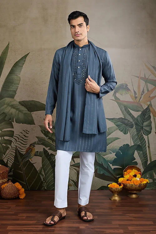 Diwali Special Blue Grey Viscose Silk Kurta with Mirror Work