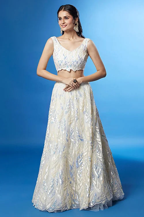 White Soft Net Bollywood Sequins Lehenga Set Online