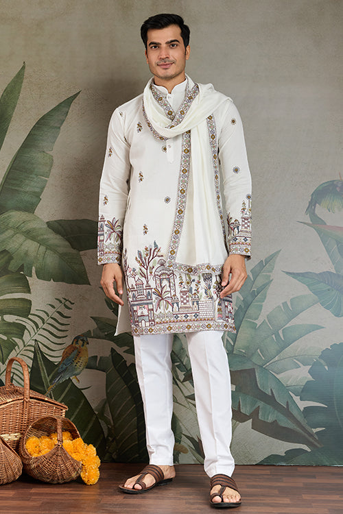 Classic White Kurta Pajama For Men With Rich Embroidery