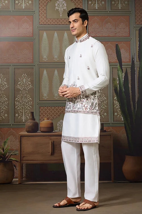 Latest Embroidered Designer White Koti Kurta Set for Mens