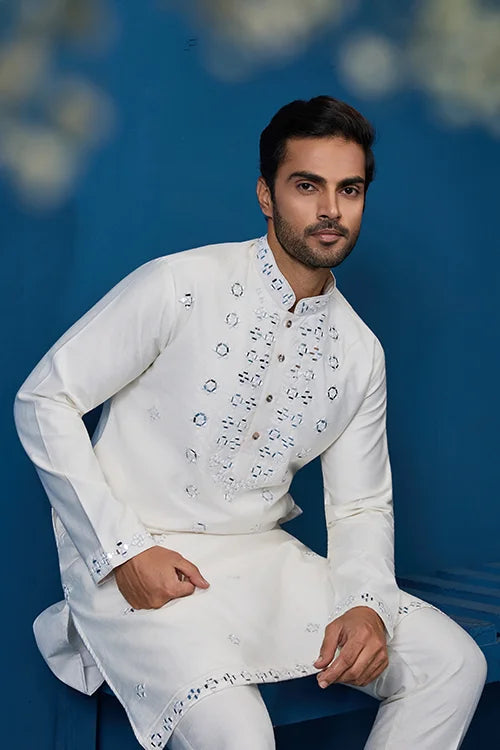 White Real Mirror Work Kurta Pant Set For Mens Wear