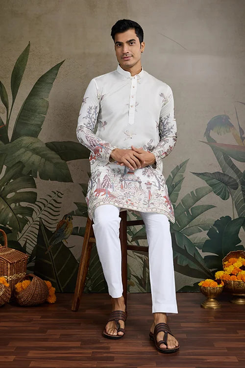 Designer White Silk printed kurta for men