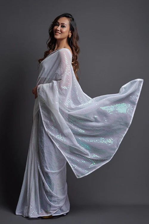 Embroidered Pure Heavy Georgette Silk Saree in White