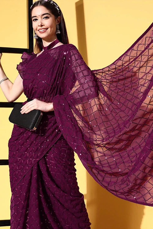 Designer Wine Saree & Blouse for Weddings & Parties