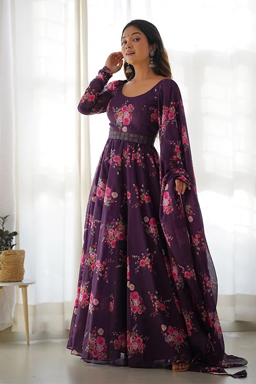Buy Wine Color Floral Printed Organza Anarkali Suit Online