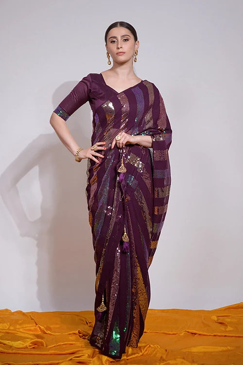 Beautiful Wine Saree with Fancy Embroidery Work