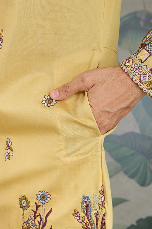Haldi Special Yellow Embroidered Kurta Pajama Set For Men